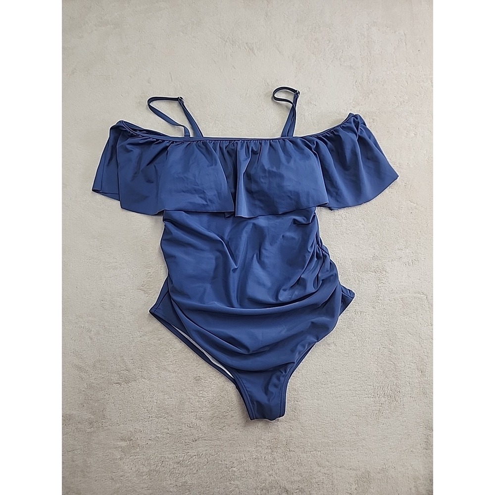 Pink Blush Maternity 1 Piece Swimsuit Blue Size Medium Ruffled Off-shoulder.